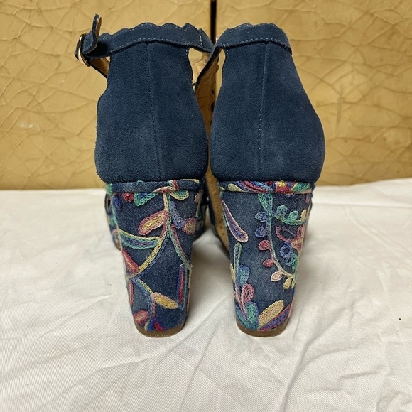 Anthropologie Platform Sandal Heel Womens 9 Ankle Strap Suede Floral Boho Blue - Picture 7 of 11